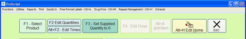 If your system is set up to restrict the MDS function then the above 3 options will change. The F3 option will change to set supplied quantity to. F4 Edit Dose and Alt+A Add Item will be greyed out.