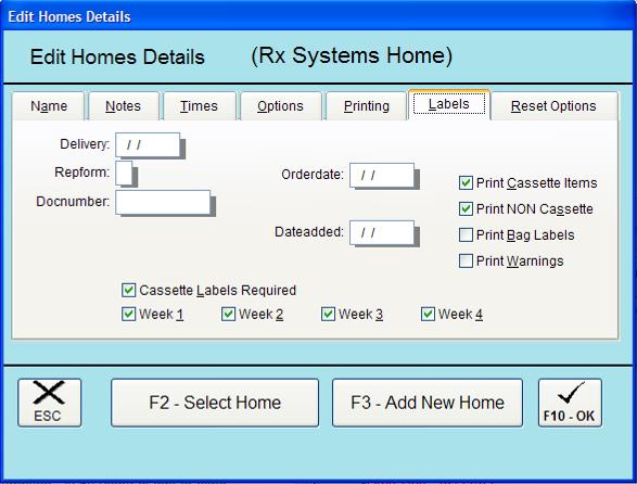 If these settings are blank and you do not know which reports you need to select, please contact RX Systems Helpdesk on 019235 51835 6. If you press Alt+L the label setting screen appears as below.