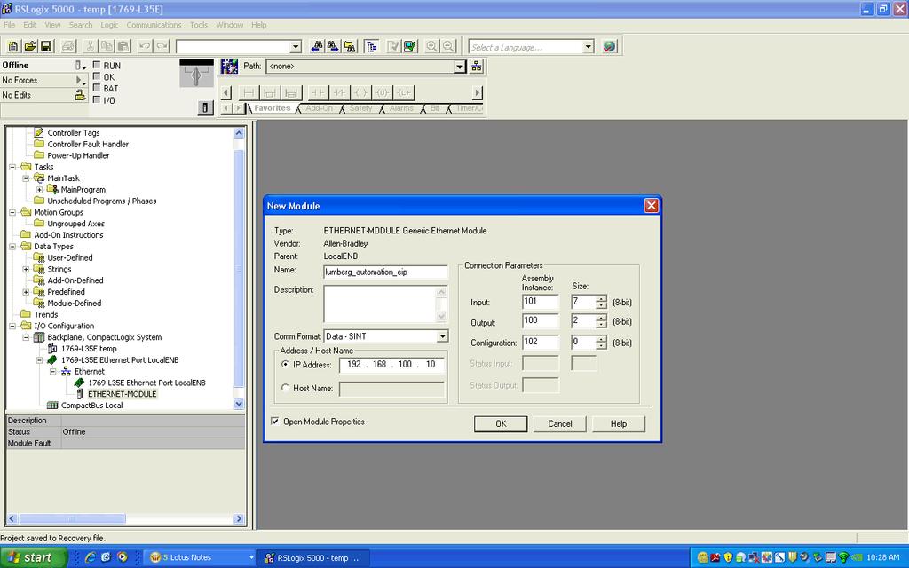 2. Edit the settings of the new Generic Ethernet Module. As shown in the screen shot below, the module was named lumberg_automation_eip and the default IP-address of 192.168.100.