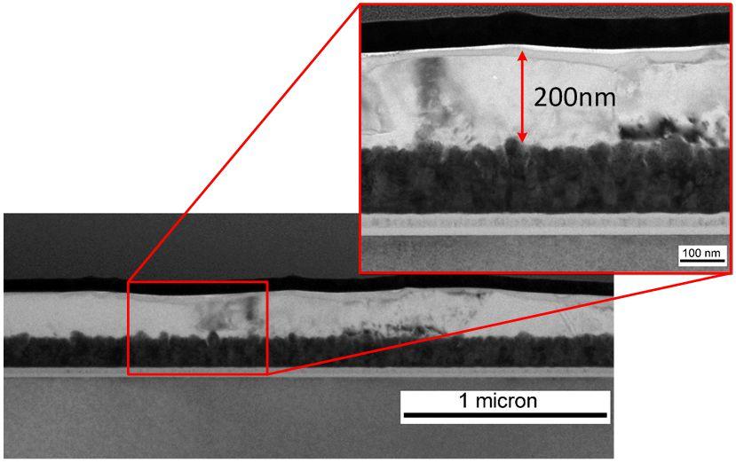 This leads to a variation within the 2x2 mm 2 calibration die smaller than 1%, see Fig. 11. Fig. 12: TEM image of 200nm aluminum layer sputtered over a rough surface.