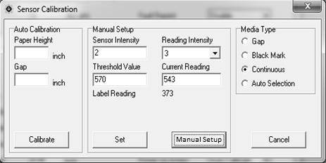 Gap Media Type 1. Change the values for Sensor Intensity, Reading Intensity, and Threshold Value if necessary. 2. Click the Manual Setup button to set up the printer for the manual calibration.