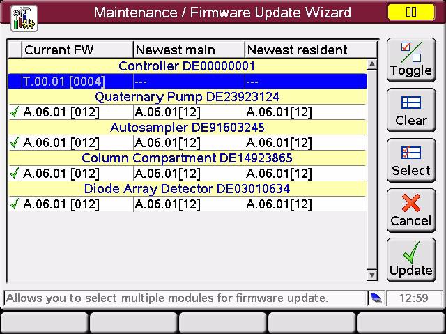 Updates via Instant Pilot (G4208A) 7 Updating the Firmware Using The Wizard select/de-select a module clear all selections