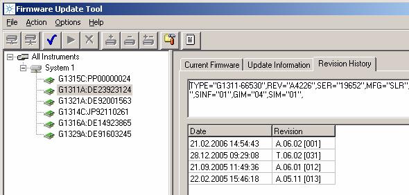Updates via LAN/RS-232 Firmware Update Tool 5 Doing the Firmware Update Figure 34 Specific module is selected - Revision History Information screen 4 Select the Update Information tab.