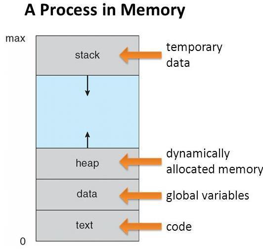 A process generally also includes the process stack, which contains temporary data (such as function parameters, return addresses, and local variables), and a data section, which contains global