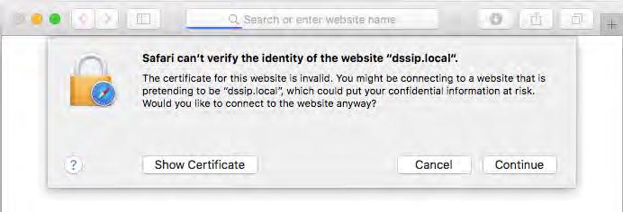 local dssip_local ð When logging on, a certificate secrity prompt appears.