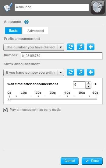 The advanced tab contains the new elements of the announcement node. Prefix and Suffix announcements within the same node to assist with message creation.