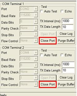 10 / 11 4 5 Click the [Close] buttons of COM Terminal 1 and COM Terminal 2 to close COM2 and COM4 ports. 6 In Menu Window, select Virtual Serial Port tool.