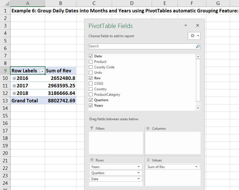 6) Example 6: Group Daily Dates into Months and Years using PivotTables automatic Grouping Feature: i.