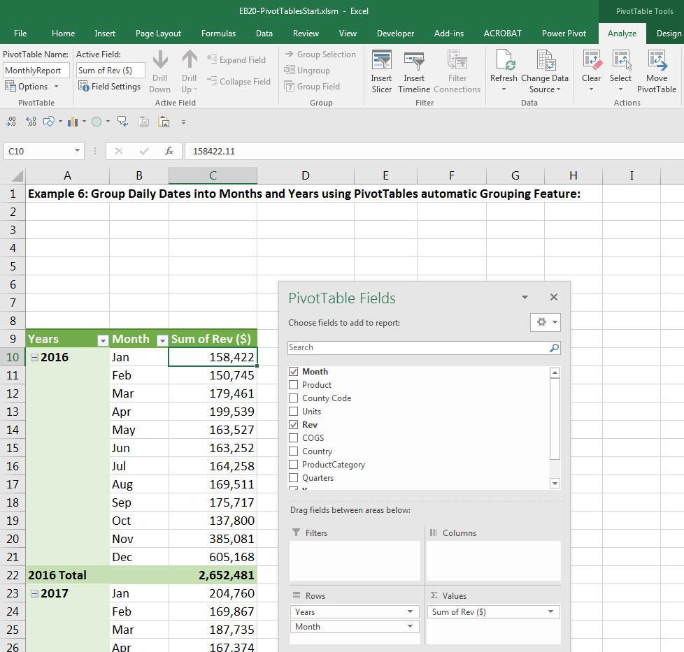 vi. vii. Format Report with Number Formatting, Style Formatting and Layout. Name the PivotTable MonthlyReport.