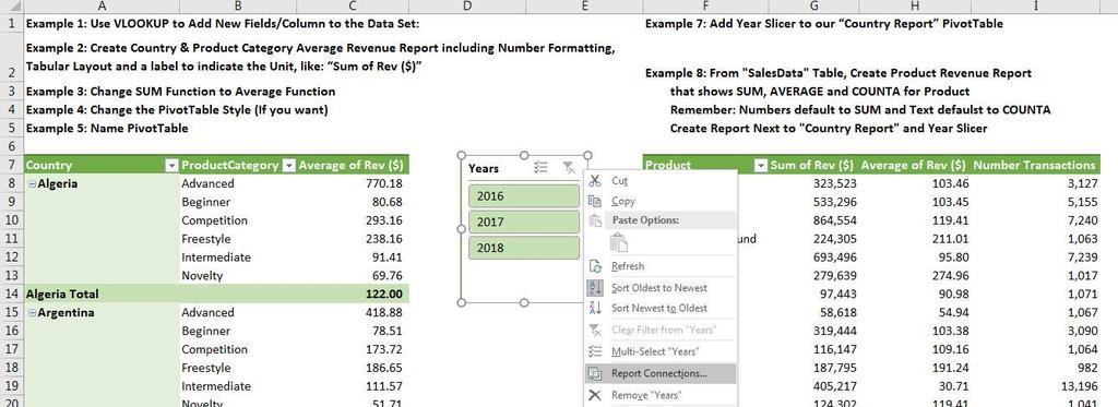 9) Example 9: Connect Slicer to the PivotTable Reports