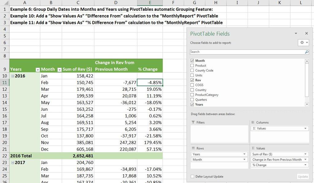 11) Example 11: Add a Show Values As % Difference From calculation to the MonthlyReport PivotTable i.