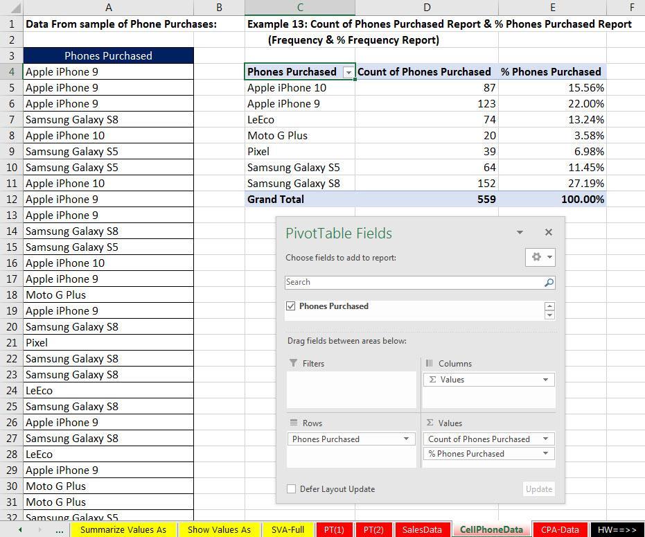 13) Example 13: Count of Phones Purchased Report & % Phones Purchased Report i. Create a New PivotTable Report from the Phones Purchased Table on the CellPhoneData sheet. ii.