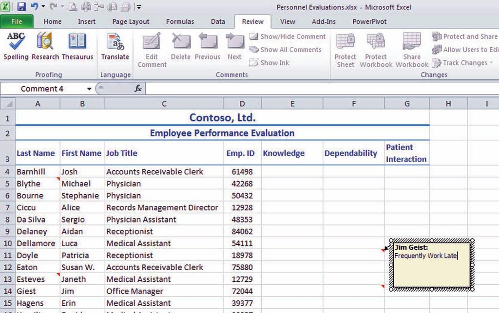 294 Lesson 9 The Bottom Line ADDING C OMMENTS TO A WORKBOOK In Excel, you can add a note to a cell by inserting a comment.