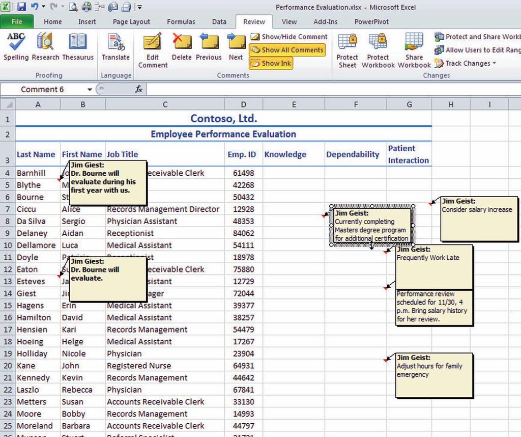 Using Advanced Formulas and Securing Workbooks 297 Figure 9-44 Setting up a workbook to print with comments Show All Comments Command Button Active Show link Active when comments are shown Border