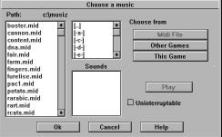 Add Inserts a piece of music into the current play list. This music should be available from a standard.mid, or.mus (Windows version only) file.
