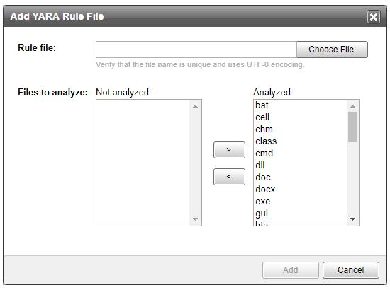 Deep Discovery Analyzer 6.0 Administrator's Guide Managing YARA Rule Files Procedure 1. Go to Virtual Analyzer > Sandbox Management, and then go to the YARA Rule tab. 2. To add a new YARA rule: a.