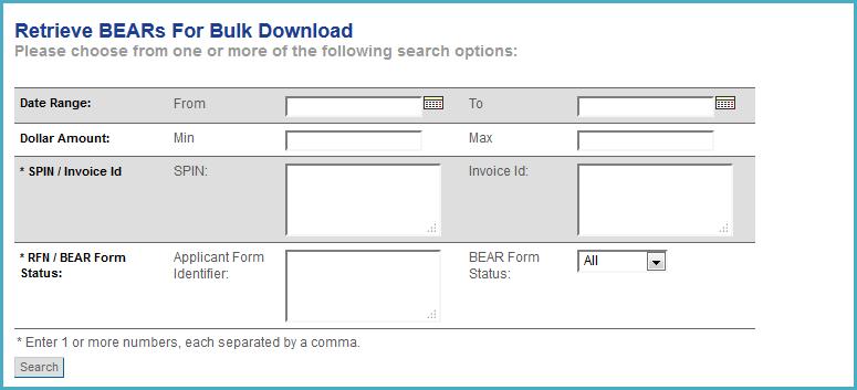 Bulk Download Billed Entity Applicant Homepage To download information for external record keeping, click Bulk Download in the menu at the top of the page. A search tool will open on the next page.