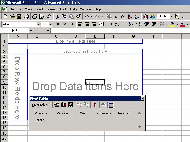 The menu in the middle (PivotTable) shows the titles of all the columns from the original spreadsheet.