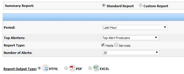 Chapter 8: Reports 46 8. Summary Report Generic reports about host and service alert data, including alert totals, top alert producers, etc. 8.1. Report Types: 8.1.1. Standard report - Uses all hosts.