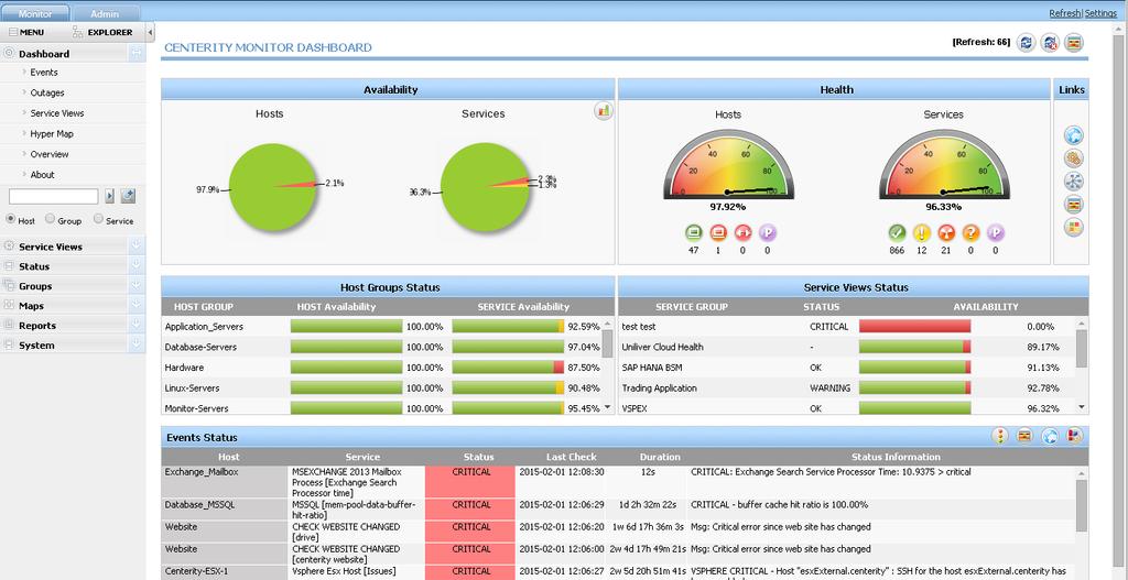Chapter 2: General Overview 9 Chapter 2: General Overview DASHBOARD Centerity Monitor dashboard provides an accurate, global overview of the enterprise, allowing to understand problems and react