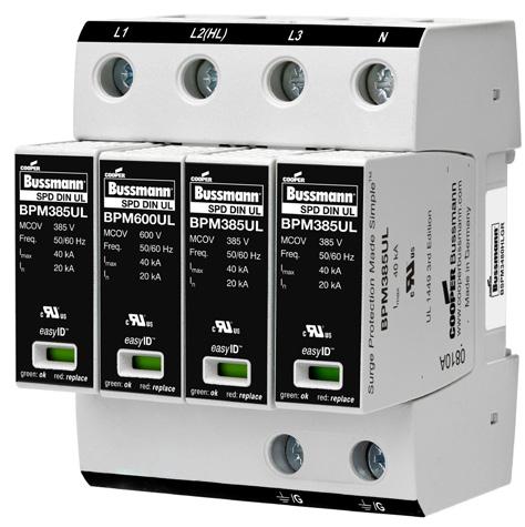 Surge protective devices 13 BSPM4 WYNG(R and BSPM4 HLG(R 4-pole high SCCR Type 2 DIN-Rail SPDs Bussmann series 3-pole high SCCR UL Type 2 surge protective devices for three-phase Highleg Delta and