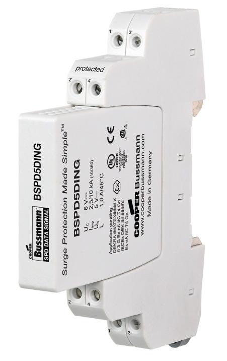Surge protective devices 13 BSPD_DING_ DIN-Rail 4 wire SPDs Dimensions mm The Bussmann series universal fourpole, DIN-Rail mounted surge arresters are UL Listed 497B DIN-Rail mount universal surge