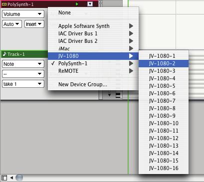 MIDI track output assignment Figure 11-3: Changing the output assignment for the MIDI track. 2 Select the desired MIDI device and channel from the hierarchical menu.