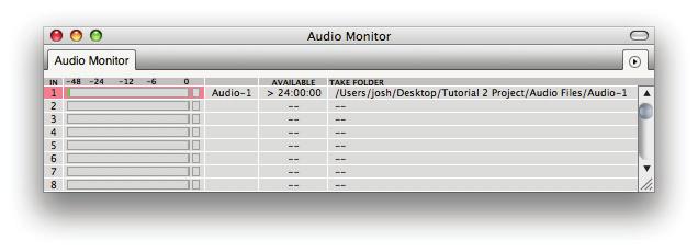 Setting the audio file destination The Audio Monitor window also lets you select where on your computer that new audio files will be created and shows you available recording time on the destination