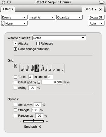 3 Select a 16th note quantize grid. Leave the rest of the options alone for now. 4 Close the Quantize window.