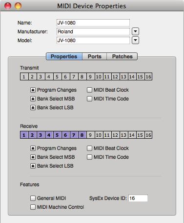 types that are supported. If the device has multiple sets of MIDI ports, configure them in the Ports tab.