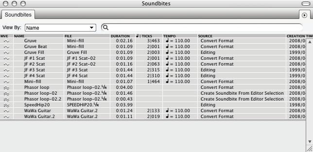 Open the Soundbites window by choosing its name from the Project menu, pressing Shift-B, or selecting it from the Consolidated Window sidebar window list.
