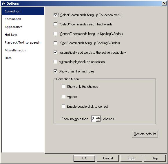 With this option set, saying commands that start with correct opens the Spelling Window.