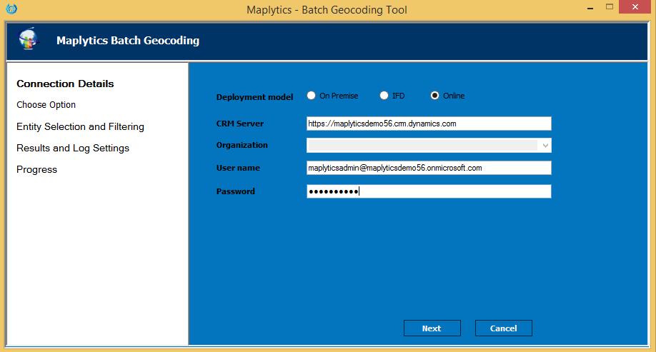 Executing Batch Geo-coding Tool: Connection Details : Please enter the CRM details in this screen.