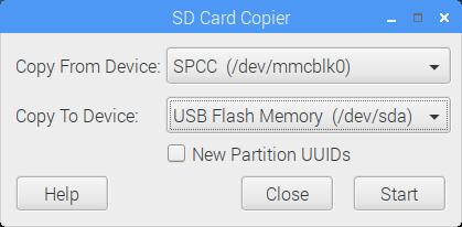 Connect a new SD card using a USB adapter to one of the Raspberry Pi 3 USB ports and select the following program.