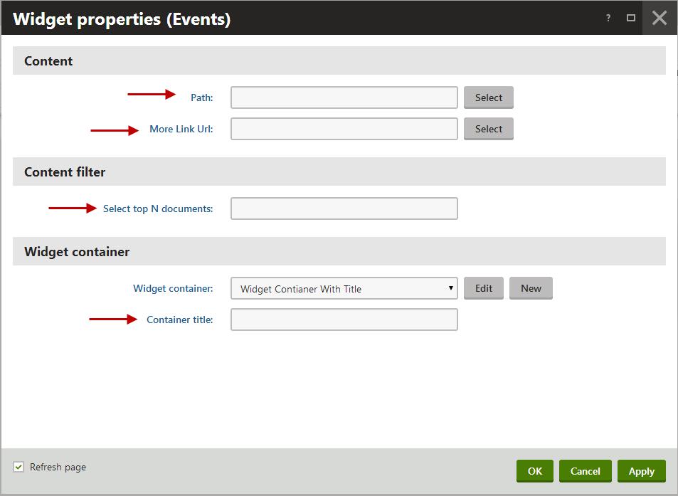 Events Displays a listing of events on the page. 1. A list of events is needed. You can use a list that has already been entered, or create a new list of events. (See Events section for details). 2.
