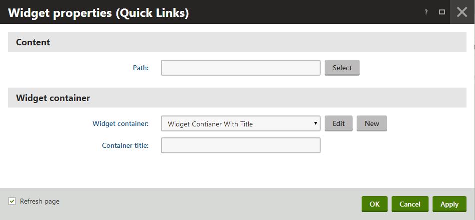 Quick Links Displays list of links with icons. 1. In the Content Tree, click on the page where you want to place Quick Links. 2. Click the Plus button and add a folder named Quick Links, click Save.