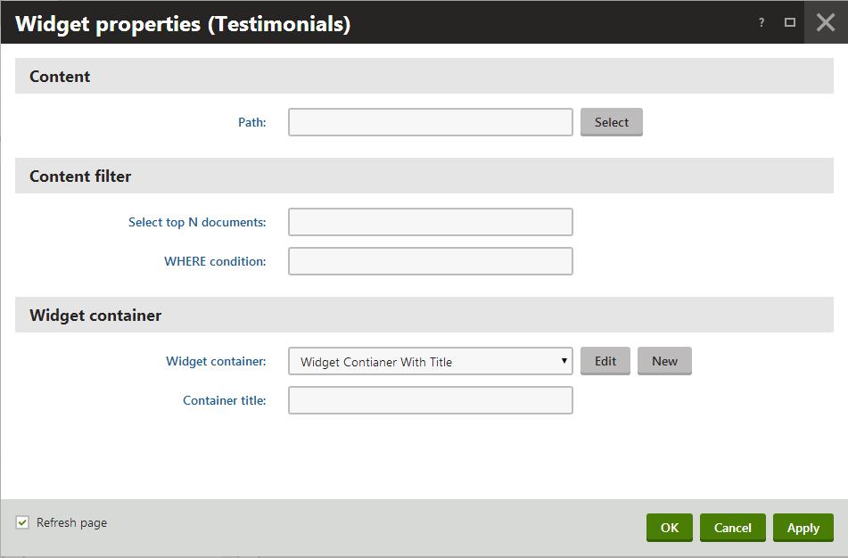 Testimonials Displays testimonials or quotes users can scroll through. It is similar to Announcements widget but without dates. 1.