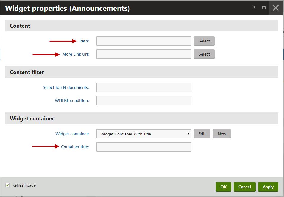 Widgets Announcements Displays short pieces of text with a date that users can scroll through or click to view all. 1. In the Content Tree, click on the page where you want to place announcements. 2.