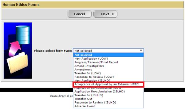 6.11 Acceptance of Approval by External HREC 1) Under the Human Ethics tab, check that the drop-down option next to the Create button is set to A New Coversheet, and then select the icon.