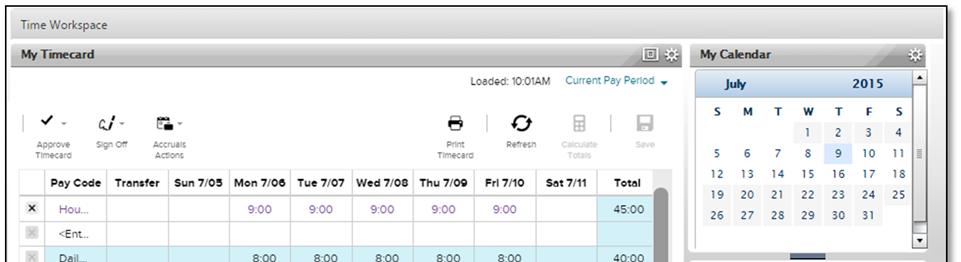 In this example, the Time & Attendance options include Inbox, Time Workspace, Leave, Attendance, Reports, Availability &
