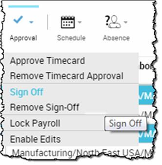 6 Approval menu This menu includes options such as Approve Timecard, Remove Timecard