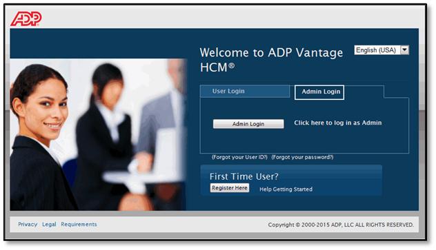 The following image shows the administrator login screen. ADP Vantage HCM: Navigation for Time Managers To login as an administrator, do the following. Step Action 1 Click Admin Login.