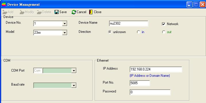 If the communication mode is by COM port or USB port, please uncheck the networked check box. For TCP/IP connection, you need to input the IP address, port number and communication password.