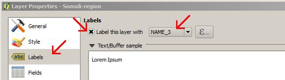 COWASH Training Quantum GIS 15 LABELLING THE LAYER To enable the labels for the map, click the kebele_selection -layer in Layers-menu with right mouse-button (Image 22) and select Properties (as in