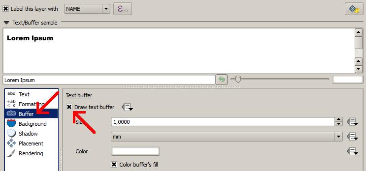 COWASH Training Quantum GIS 16 After this select Buffer from the lower left side menu. From the Text buffer section check the Draw text buffercheckbox.