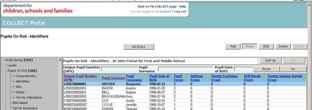 To find where the errors are located within the Pupil On Roll records, the user should click on the relevant column heading [Pupil Errors, Address