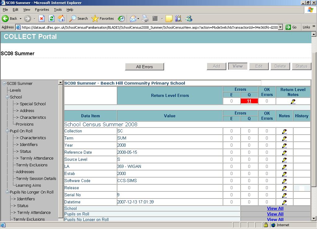 Viewing a submitted return From the My Agent page the LA user can select a school return that has been submitted and open it to examine for errors.