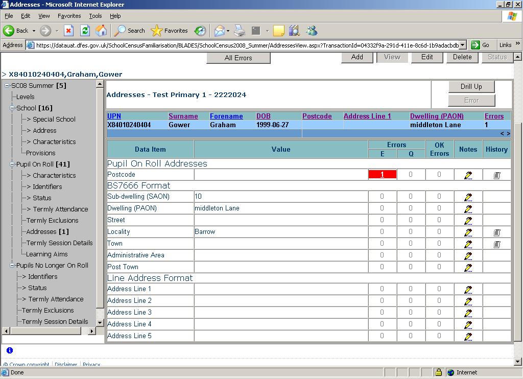 This is an example of amending data within a submitted Census return. The columns can be sorted in ascending or descending order by clicking on each underlined heading.