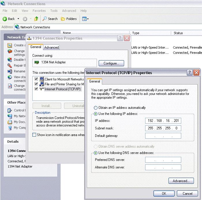 Example Setup A: Computer direct to Moxa Port On the PC, from the Start Menu select Settings >Control Panel. Double click Network and Dialup Connections.