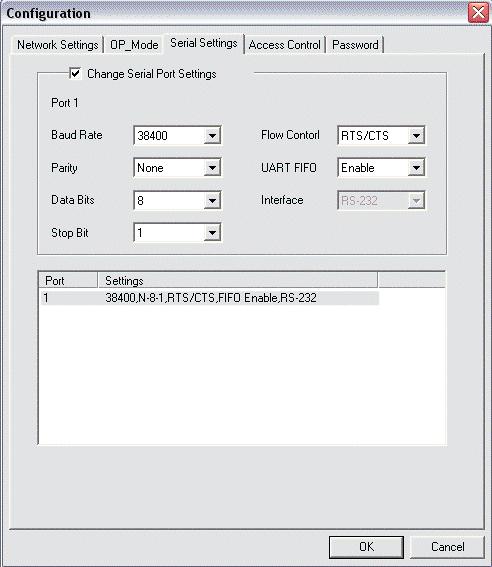 Serial Port Setup: Click on the Serial Settings tab and check the Change Serial Port Settings checkbox.